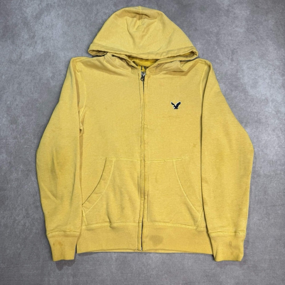 Y2K AMERICAN EAGLE Yellow Embroidery Hoodie Sweatshirt M Eagle Logo Hit Distress